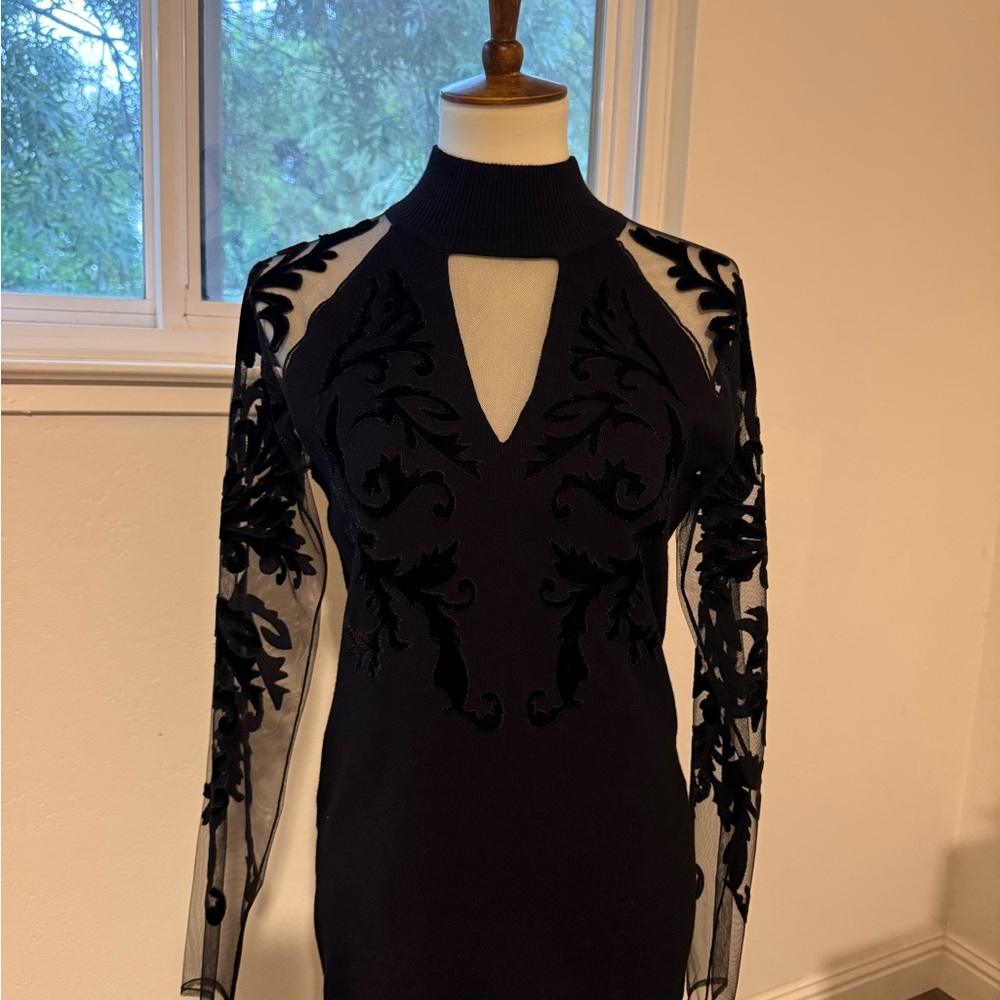 INC International Concepts Black Dress with Sheer Embroidered Sleeves